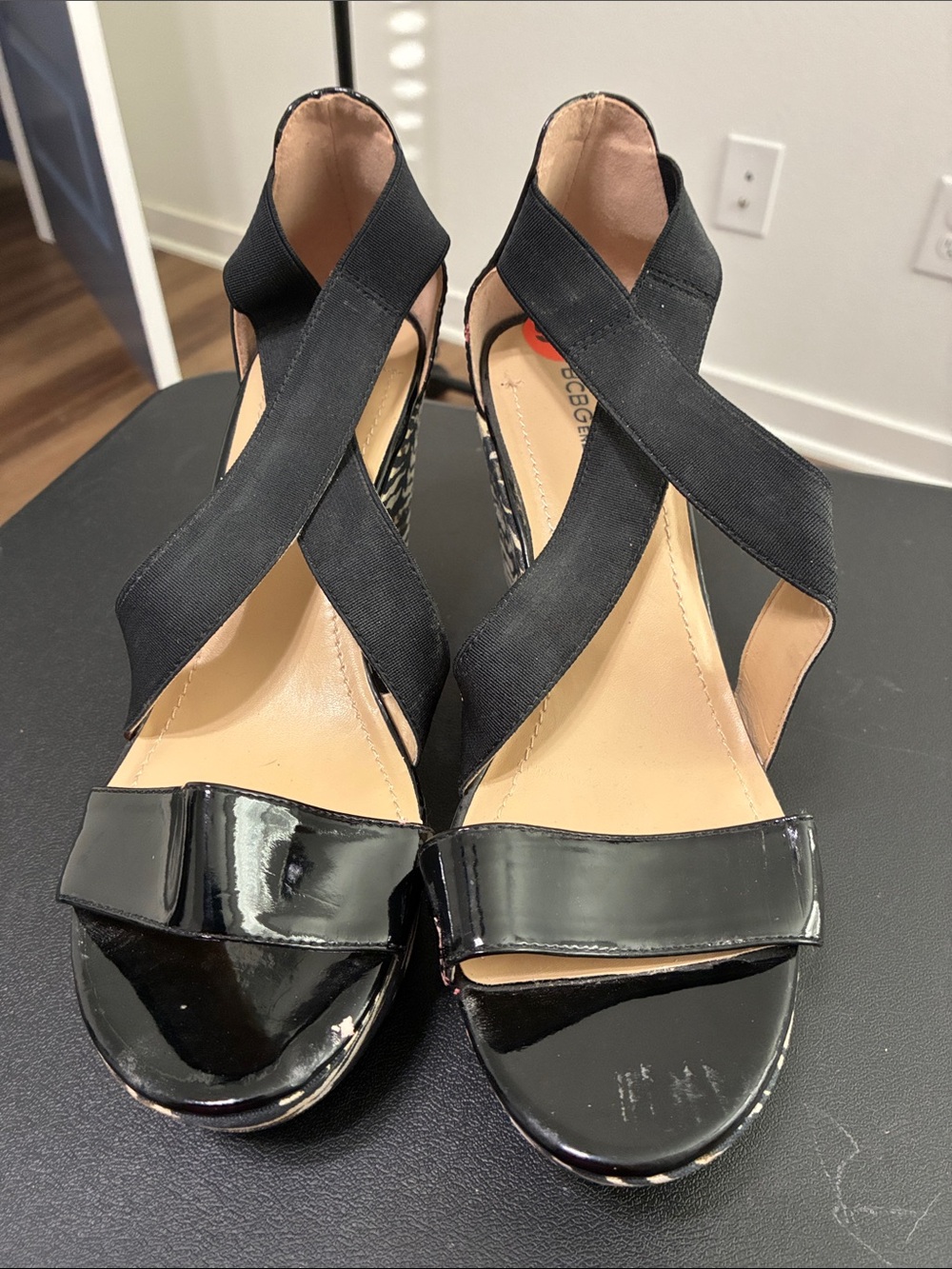 BCBGeneration Black Patent & Elastic Crisscross Wedge Sandals